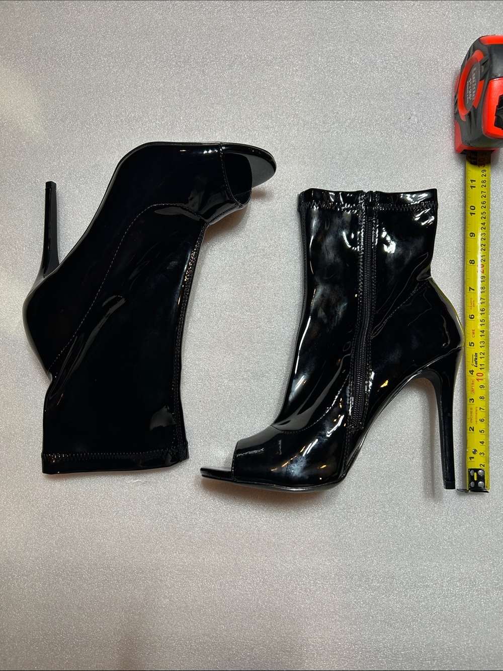 Black Patent Peep-Toe Stiletto Ankle Boots - sz10